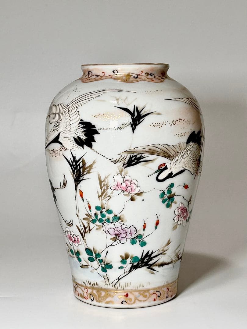 明治瀬戸の名工 加藤繁十 桃花園画 上絵飛鶴文花瓶 其の弍 名古屋絵付 瀬戸