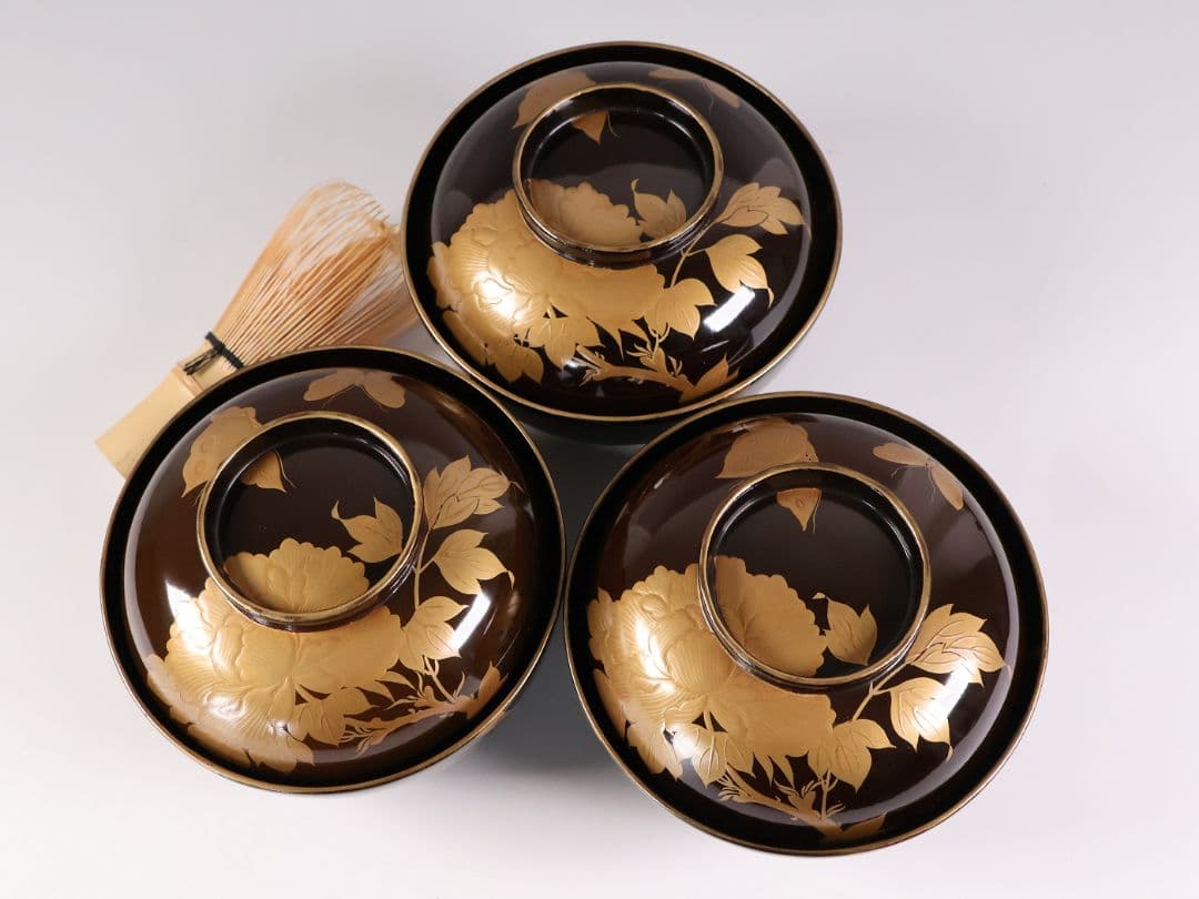 【CM415】訳あり 時代輪島 蝶と牡丹 黒塗椀 三客 天然木漆塗 明治大正