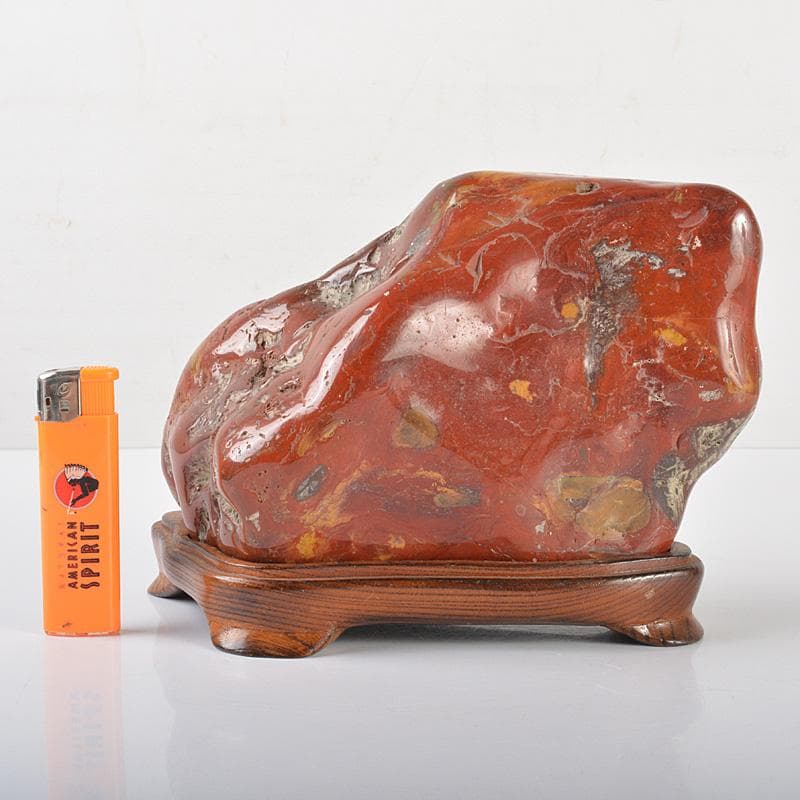 天然石　鑑賞石　佐渡赤玉石　赤石　置物　重さ約2.3㎏　唐木台付　V　R6490