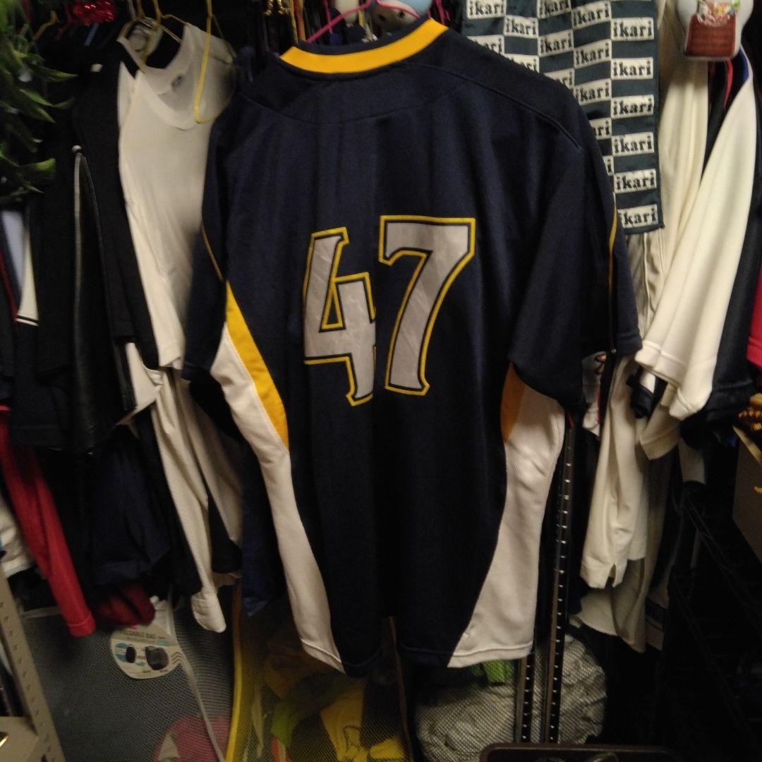 野球ウェア　ミズノ半袖ユニフォームネイビーアンドハンサムイエローラインLLサイズ