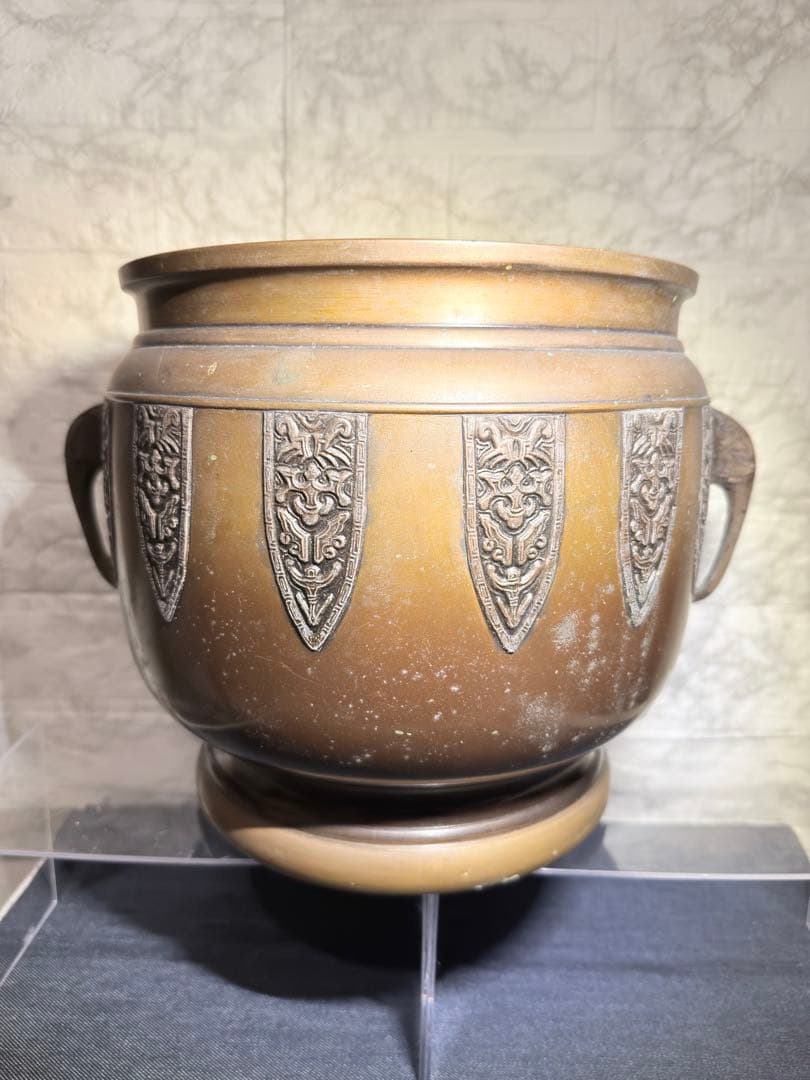 【極希少】 象双耳 真鍮製 火鉢 圧巻の細密彫刻 時代物 古美術 睡蓮鉢にも