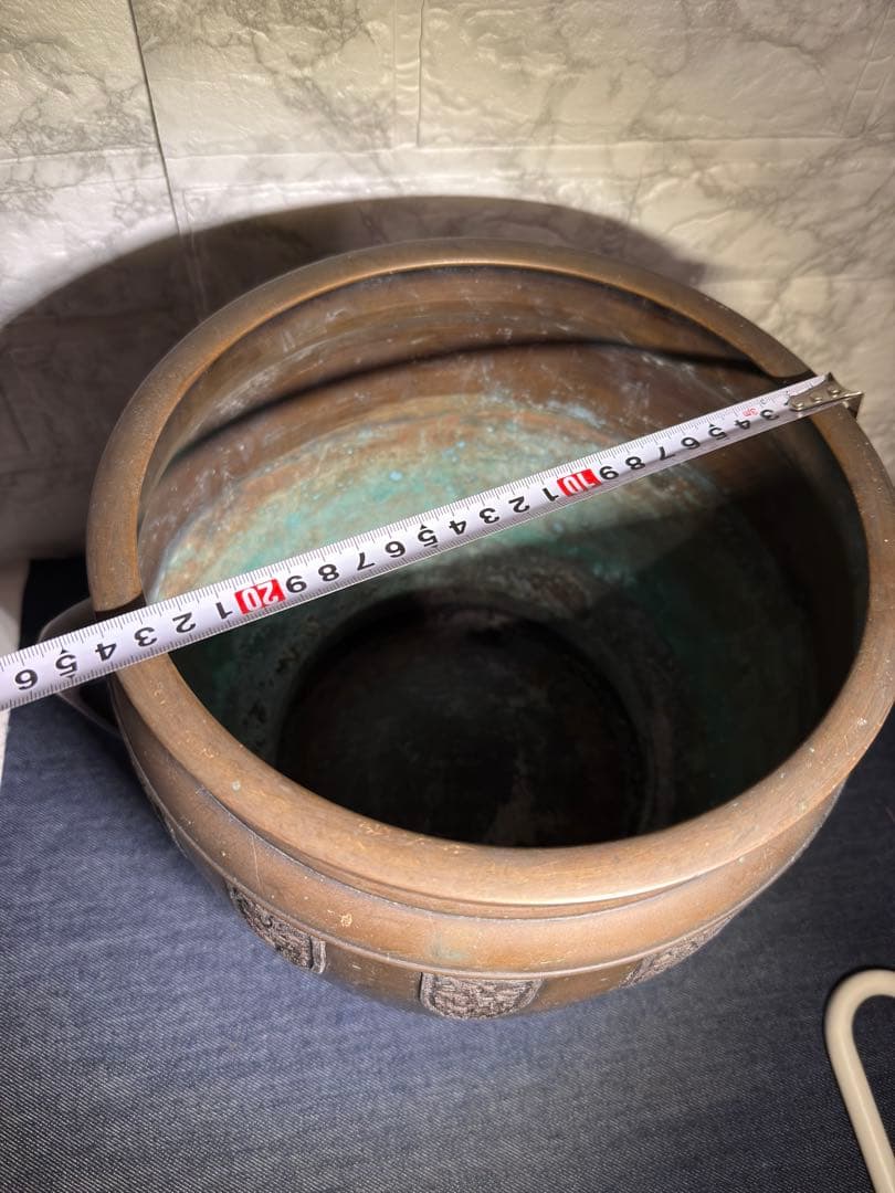 【極希少】 象双耳 真鍮製 火鉢 圧巻の細密彫刻 時代物 古美術 睡蓮鉢にも