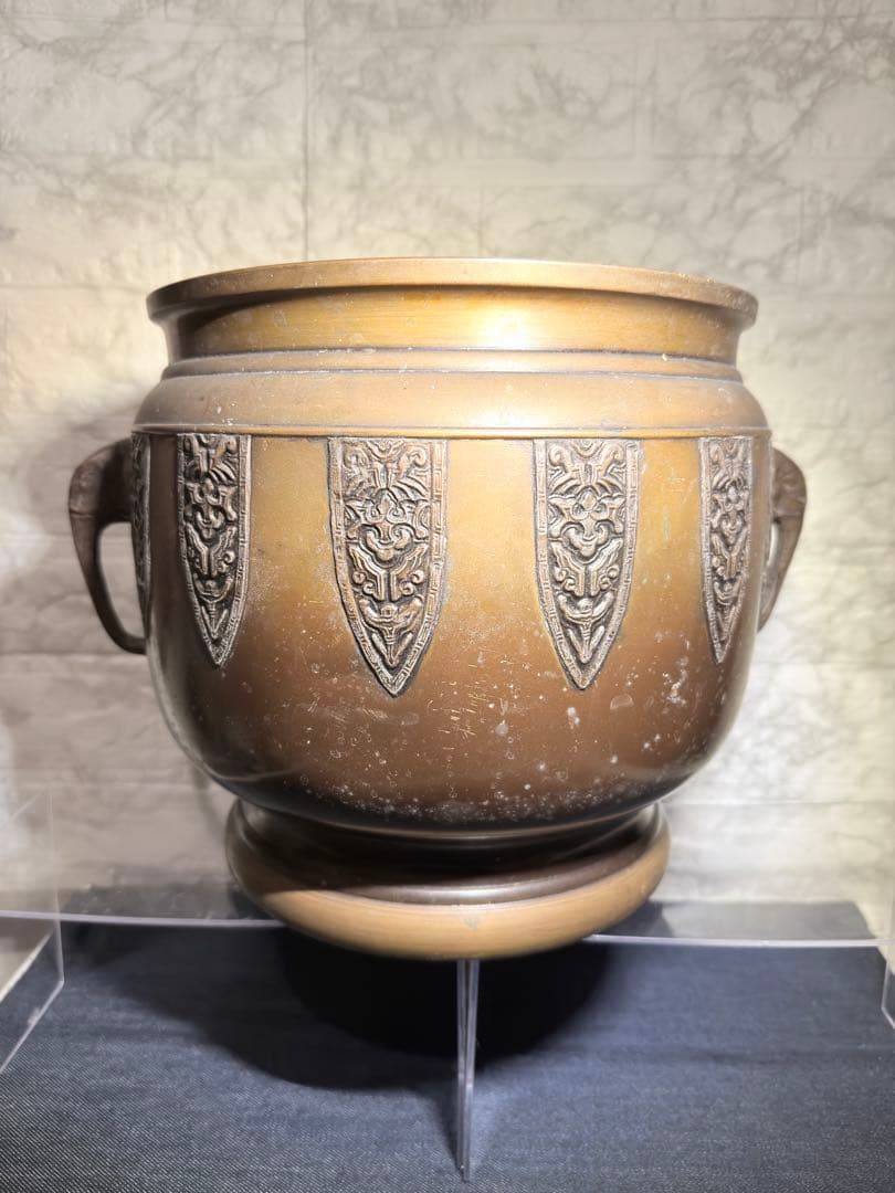 【極希少】 象双耳 真鍮製 火鉢 圧巻の細密彫刻 時代物 古美術 睡蓮鉢にも