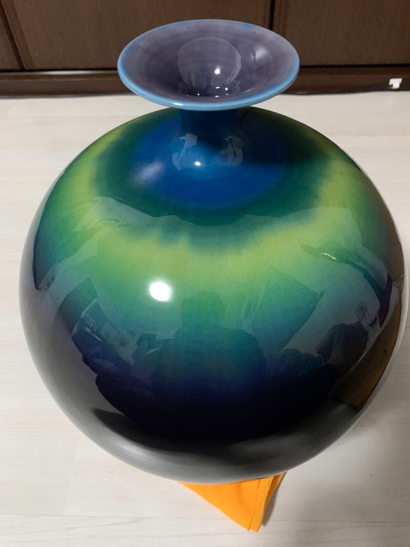 人間国宝 三代 徳田八十吉作 （正彦銘）特大 碧明釉 壺 管理T71 花器 花瓶