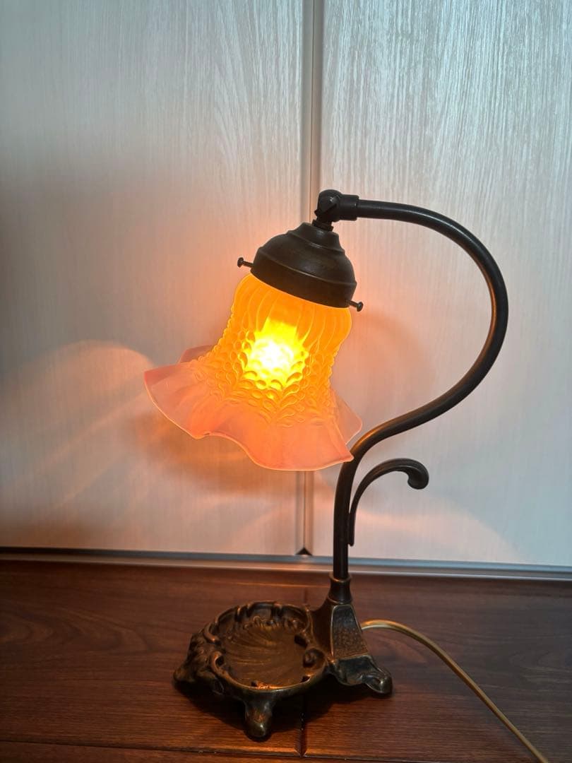 美品 アンティーク フランス スタンド フラワー ランプ ピンク 真鍮 ガラス