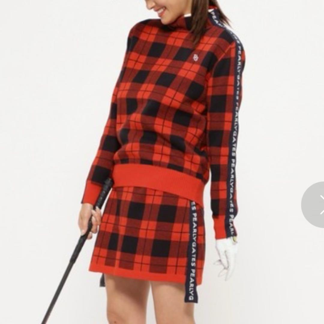 美品 パーリーゲイツ　セットアップ　モックネック　スカート　レッド　チェック