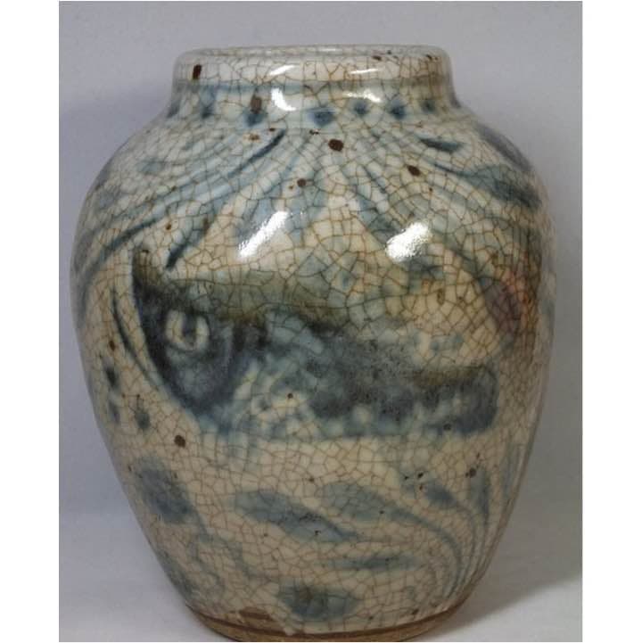 【中古美品】中国骨董品「染付鮭魚広口壺」