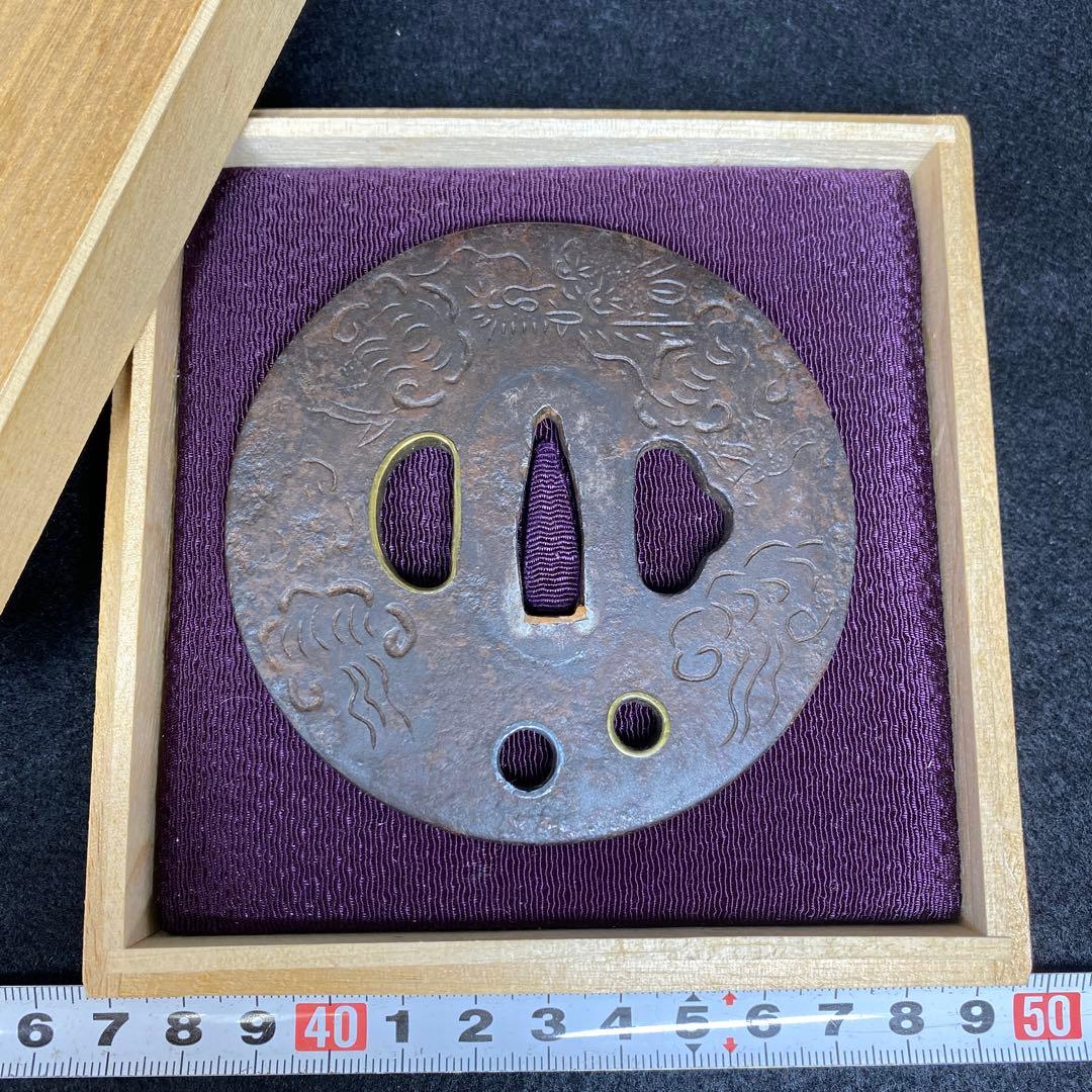 江戸期　雲龍図　金銀入　大形鍔　共箱　183g タエチ　東さ7-0310☆2F