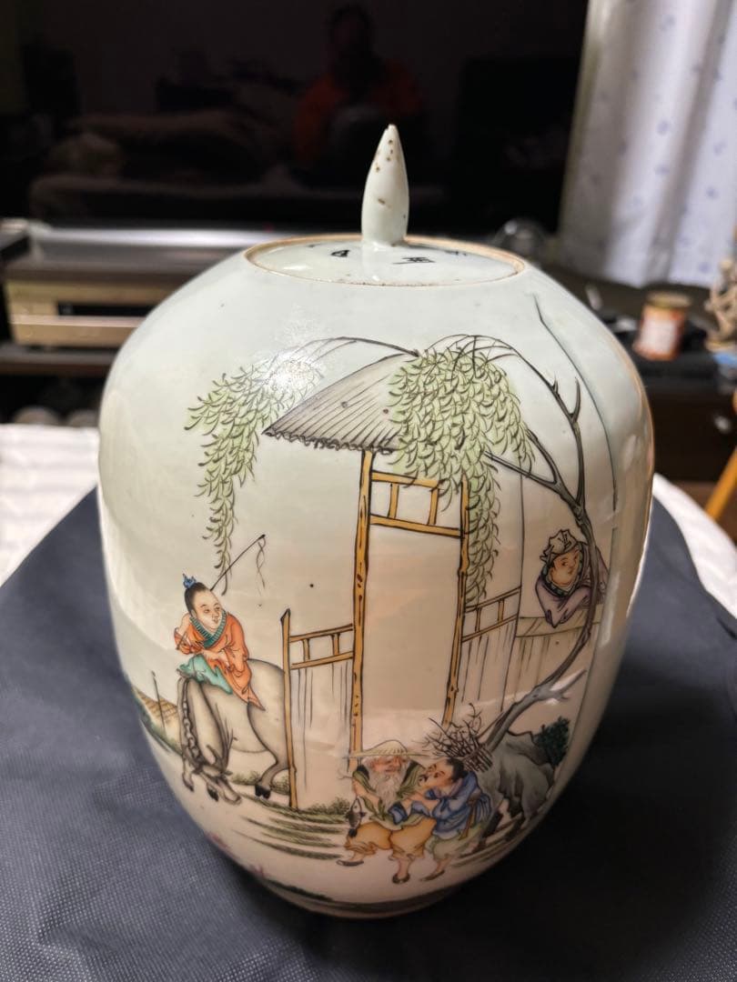 中国古美術 清末民国時代　色絵　粉彩壺　漁樵耕読　周佐興