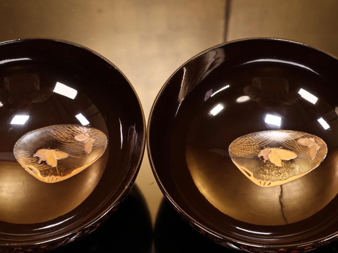 BK423　時代輪島塗　図替り　貝尽くし図金蒔絵　吸物椀　二客　木製　懐石 菓子