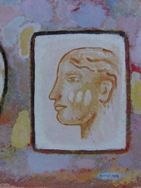 大沼映夫、青いワイングラスと横顔のある静物、希少画集画、新品額装