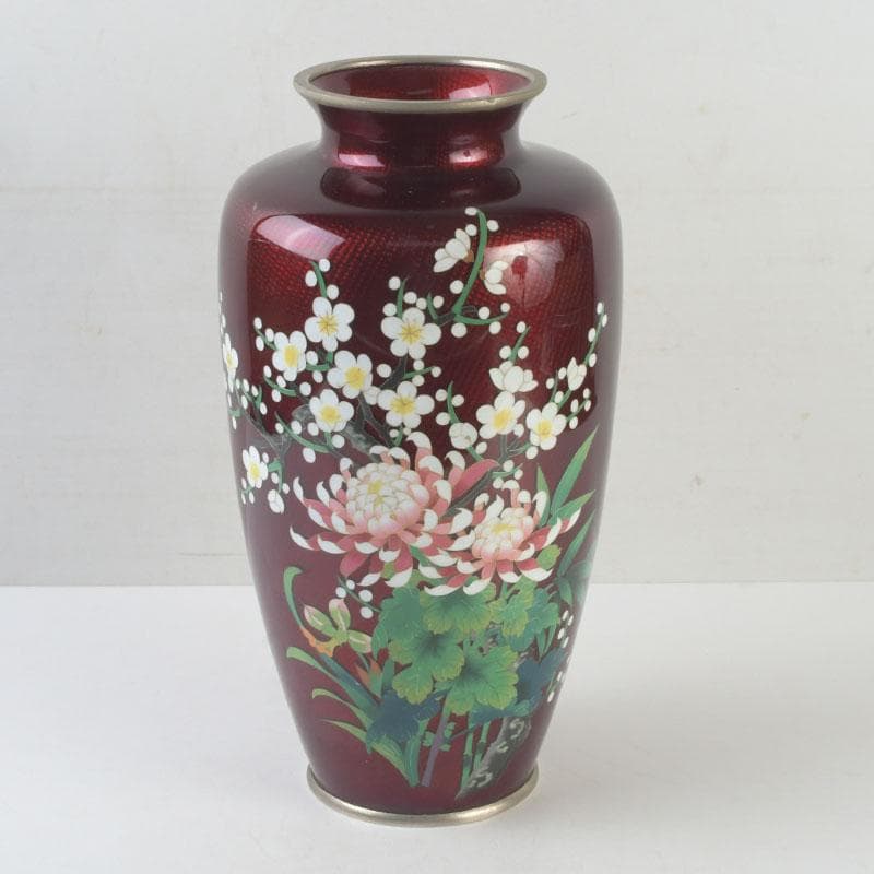 七宝焼　赤透釉　四君子文　花瓶　高さ約31㎝　V　9737A