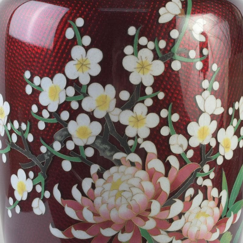 七宝焼　赤透釉　四君子文　花瓶　高さ約31㎝　V　9737A