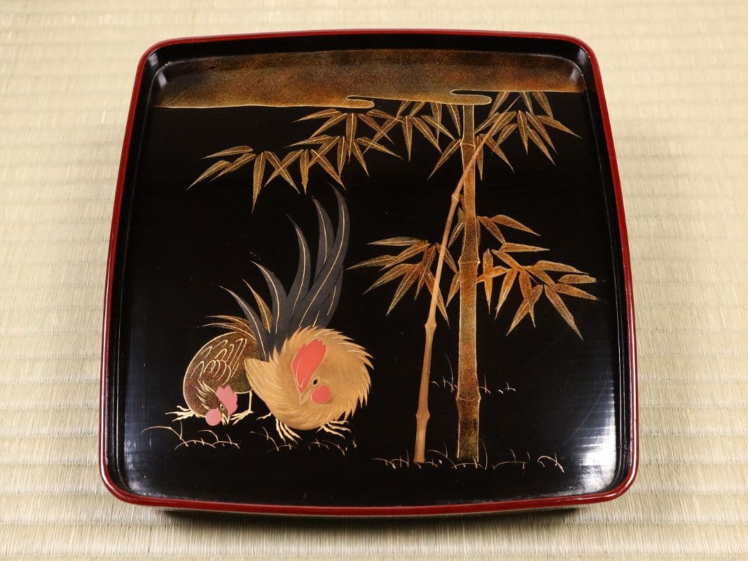 木製漆器 竹鶏蒔絵 吸物膳 五客 溜塗 黒塗 足付 四方膳 茶懐石 CM386