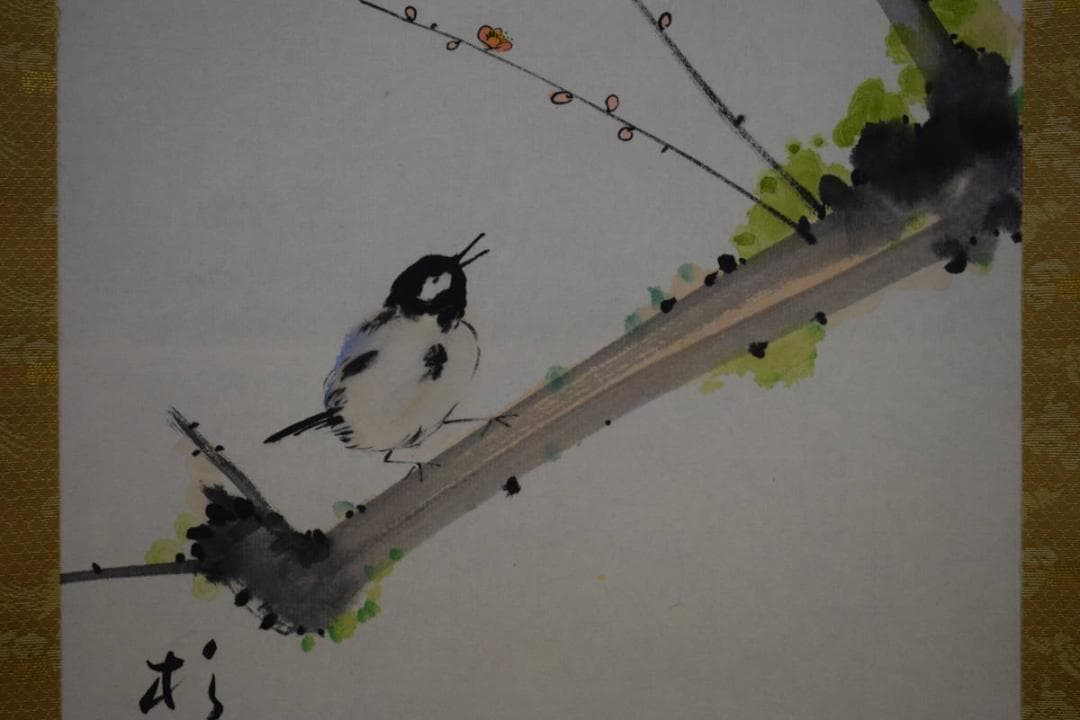 真作/近藤杉石/春眠不覚暁/梅に小禽図/桐共箱付/布袋屋掛軸HH-714