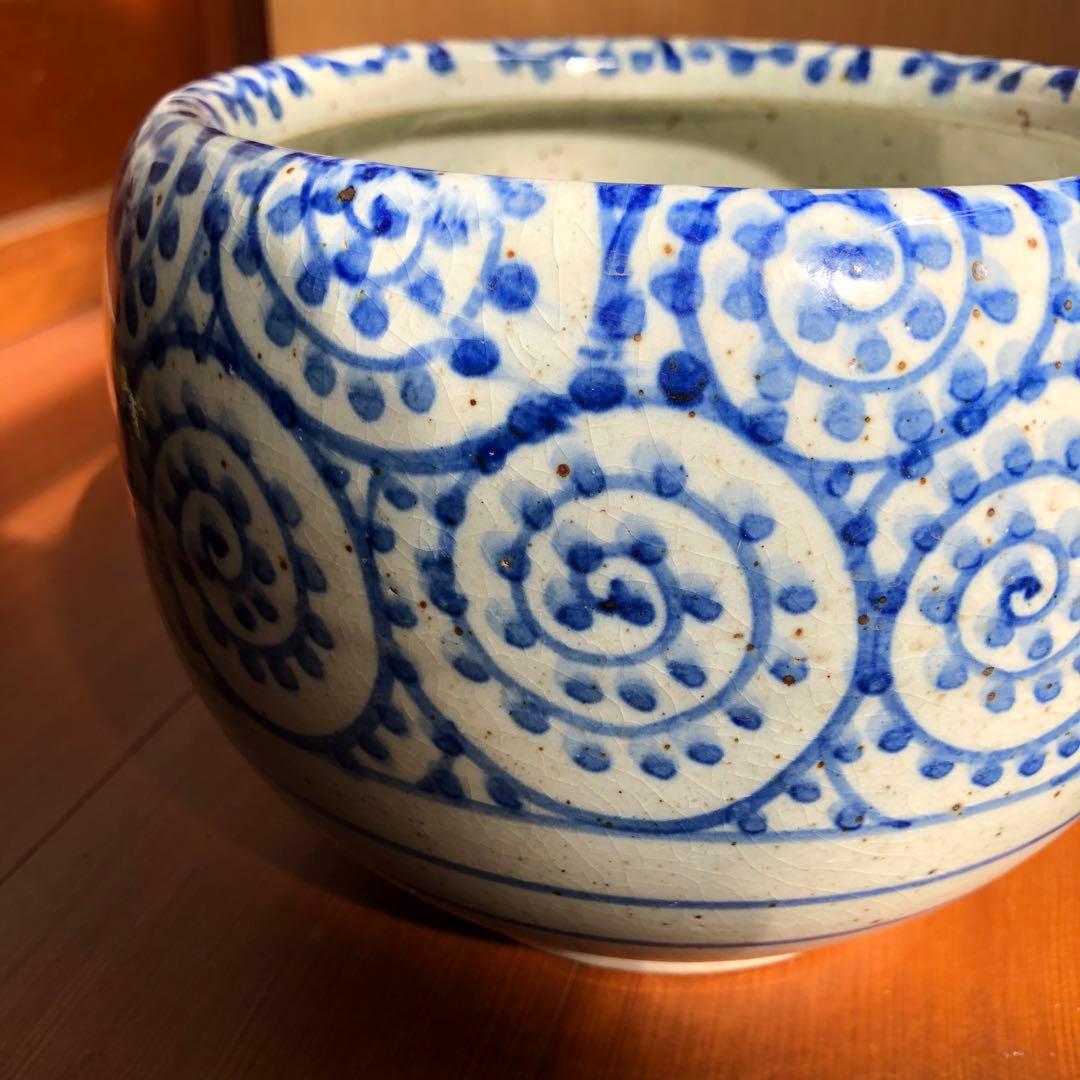 信楽焼 蛸唐草文様 火鉢鉢カバー青い渦巻き柄 日本伝統工芸品