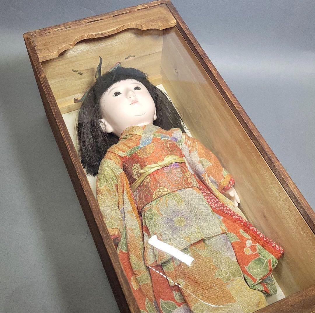 【市松人形　國光作】リボンの女の子　ガラスケース入　宅急便発送