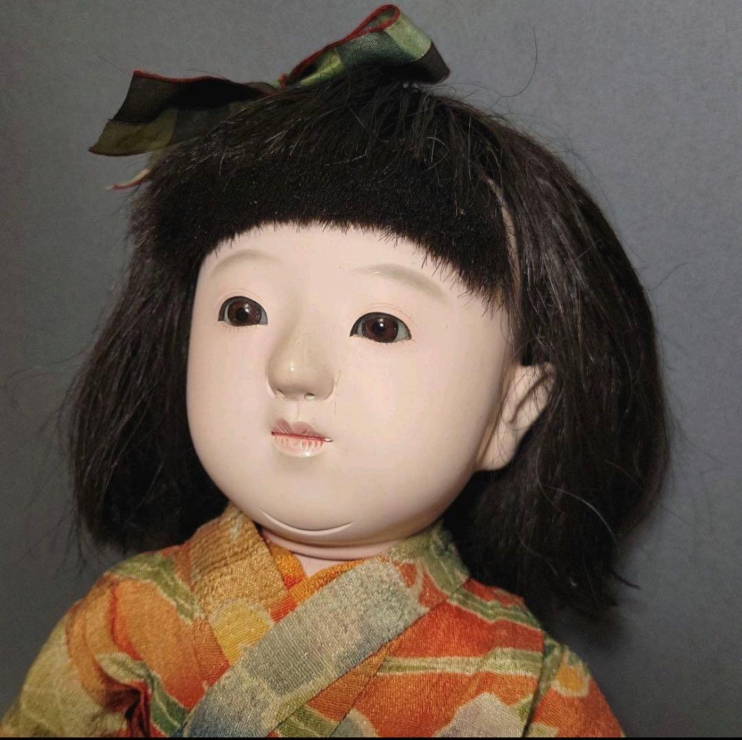 【市松人形　國光作】リボンの女の子　ガラスケース入　宅急便発送