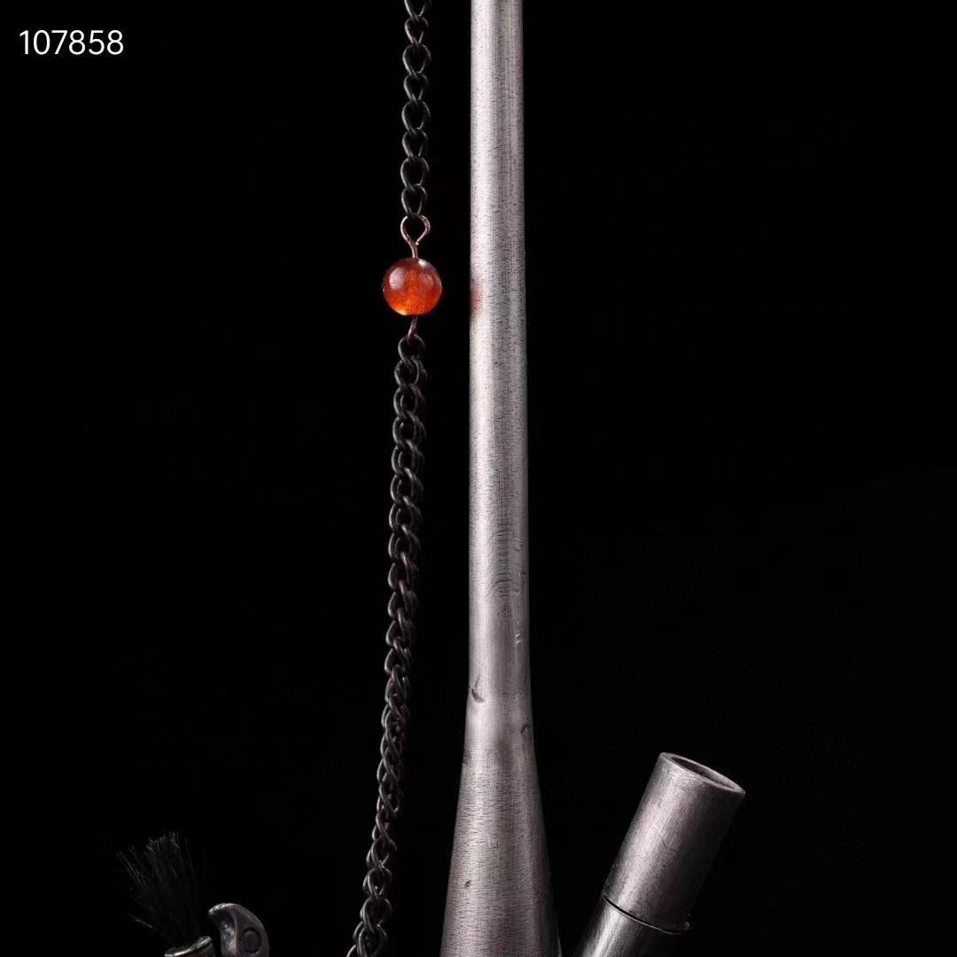 中国古美術・旧収蔵品・純銅制・古銅彫・寶石嵌花開富貴紋水煙袋・純手作り・置物