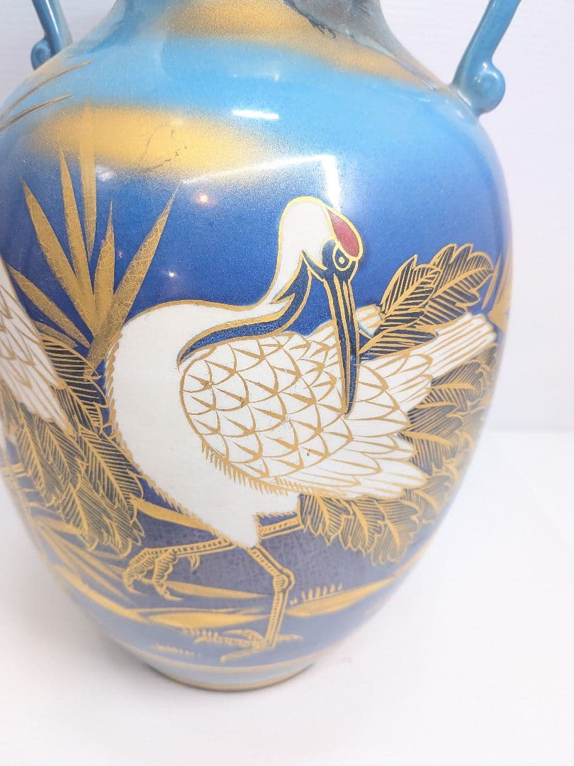 P646 九谷焼 玉浪 鶴松絵 花瓶 花器 金彩 青系 華道 茶道 インテリア