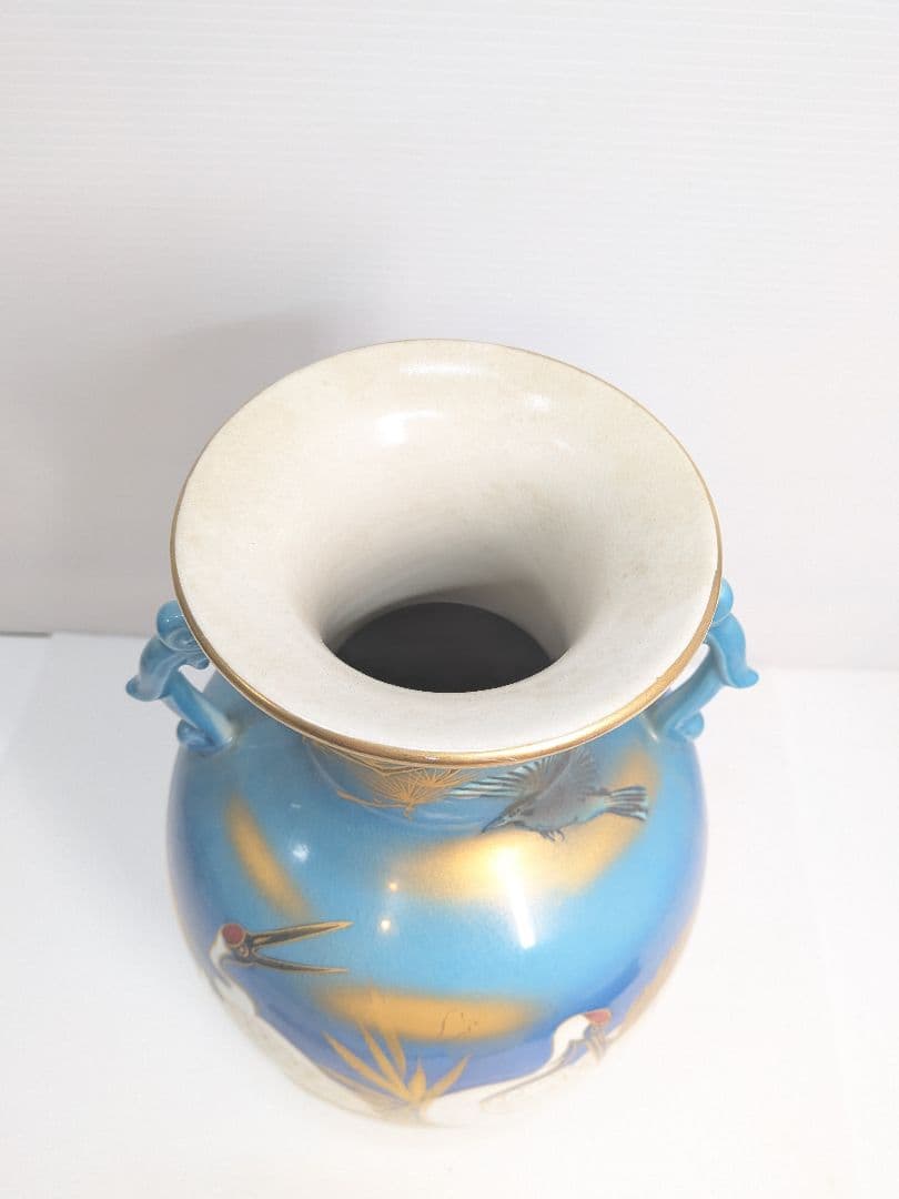 P646 九谷焼 玉浪 鶴松絵 花瓶 花器 金彩 青系 華道 茶道 インテリア