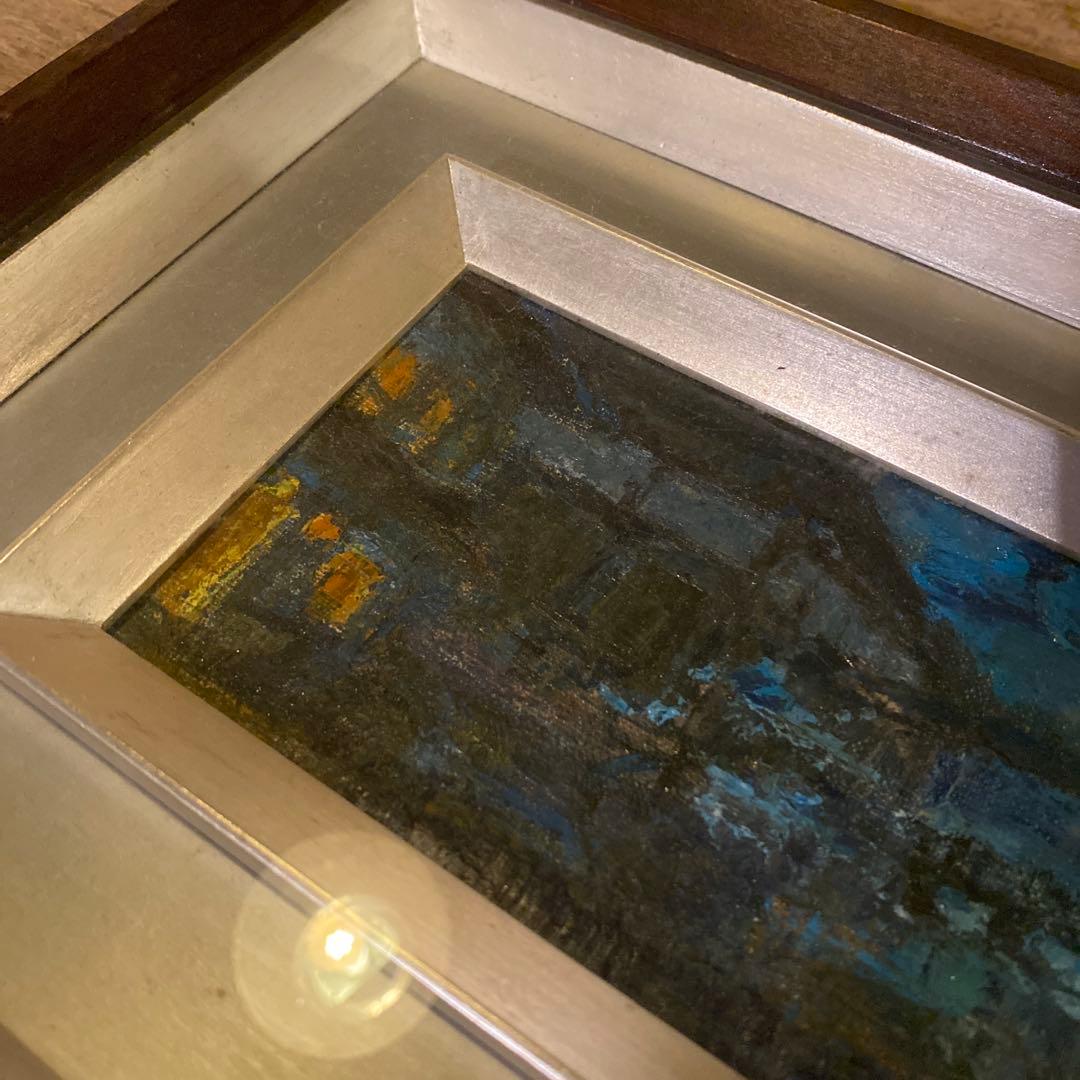 江戸時代っぽい街並み 綺麗なブルーの横長油彩・額装／サイン有・作家不詳