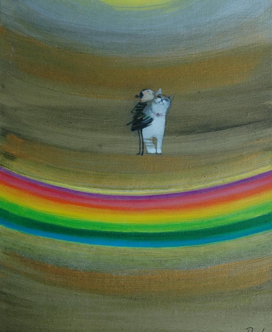 油絵 菅家令子絵 絵画インテリア額付(淡い銀青緑)F3-030919虹子猫犬女子