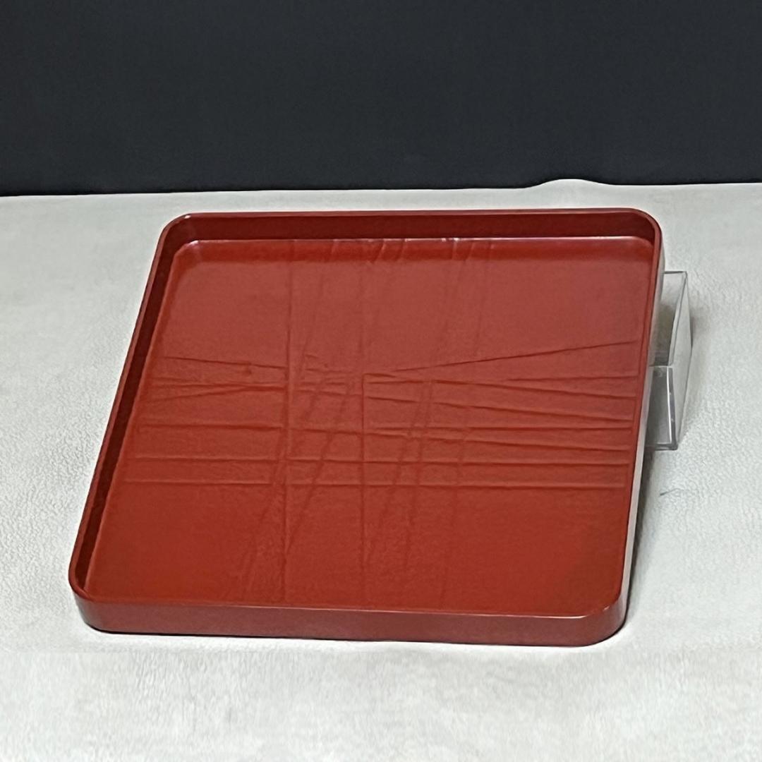 鈴木表朔 朱 一閑塗 糸巻 干菓子盆 共箱 四方盆 茶道具 【k3501】