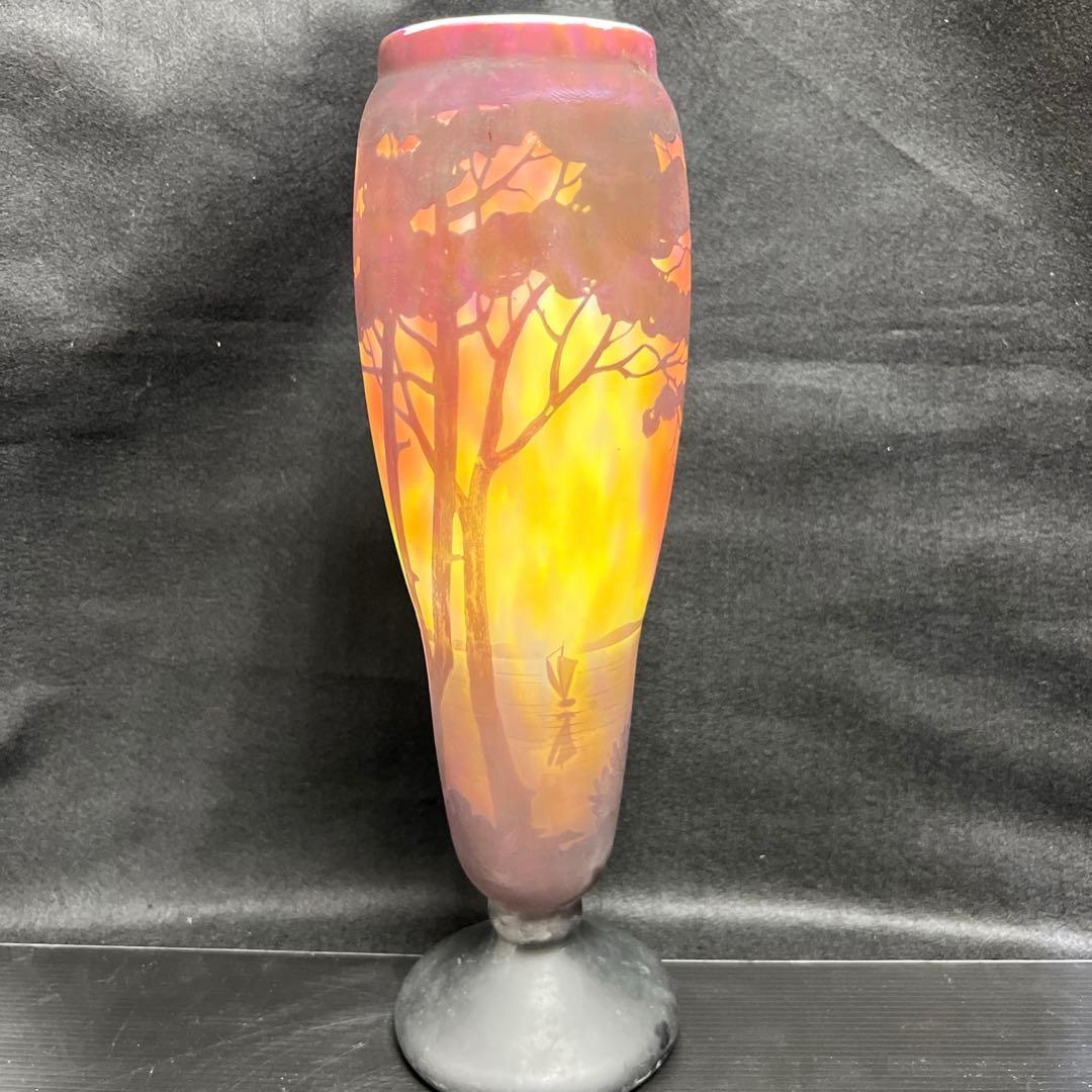 19世紀　ドーム・ナンシー　在銘　異色ガラス溶込酸化腐食彫花入　高さ約35.5㎝