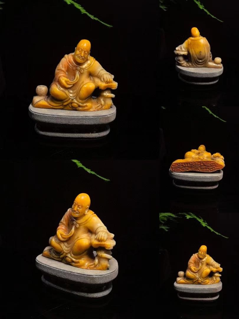 中国古美術・沈思羅漢の印鑑・寿山金糸田黄石印章・純手彫り・風水開運・案頭・文房具