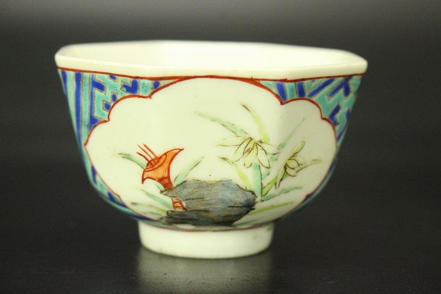 中国美術 煎茶 色絵碗 六客(ZE509)