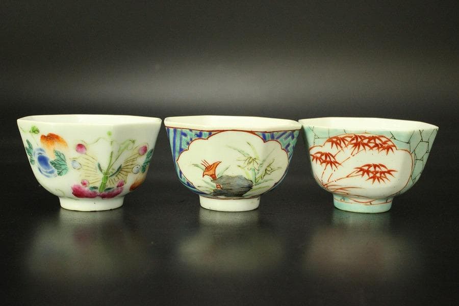 中国美術 煎茶 色絵碗 六客(ZE509)