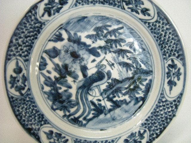 皿■南京呉須 平鉢 染付け花鳥紋 鱗紋 窓花絵 砂高台 青華古玩唐物時代物骨董■