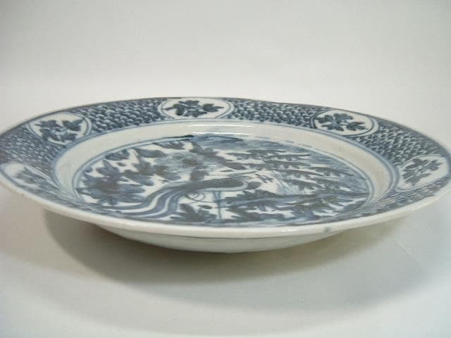 皿■南京呉須 平鉢 染付け花鳥紋 鱗紋 窓花絵 砂高台 青華古玩唐物時代物骨董■