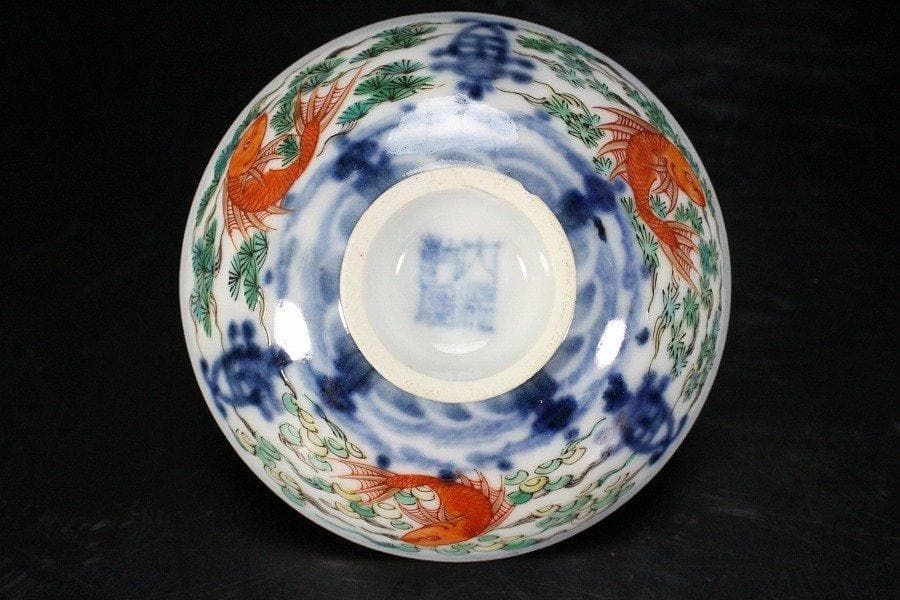 中国美術 彷古 五彩 藻草魚紋 蓋碗 乾隆款 五件 送料無料