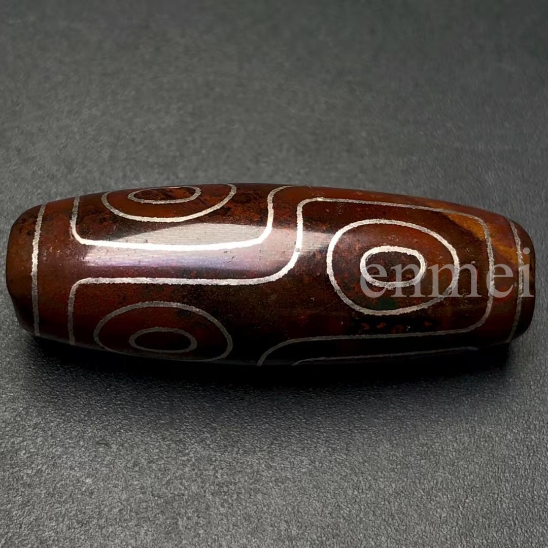 中国古美術・藏區回流・老料高油包漿・銀絲鑲嵌 六眼天珠 朱砂満点・西蔵工芸・瑪瑙