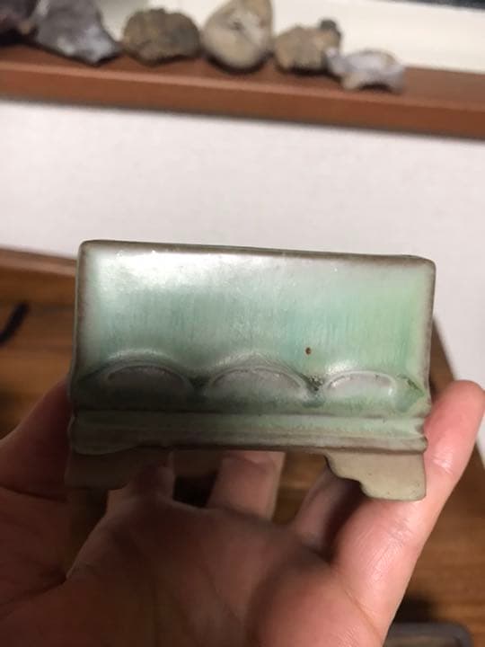 盆栽鉢　超美品時代陶翠緑釉正方雲足ミニ盆栽鉢