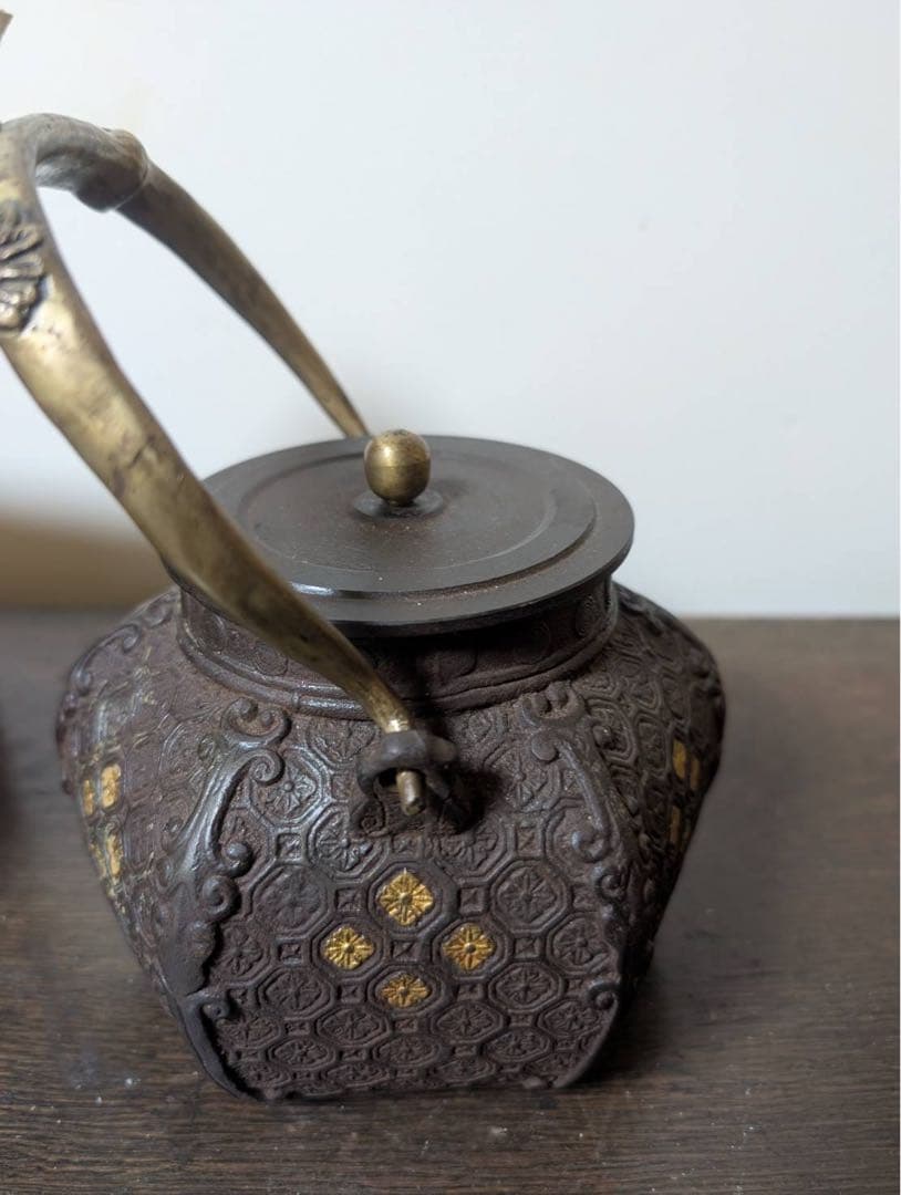 鉄瓶　金　金象嵌　龍文堂　明治　分家　黄銅　鉄蓋