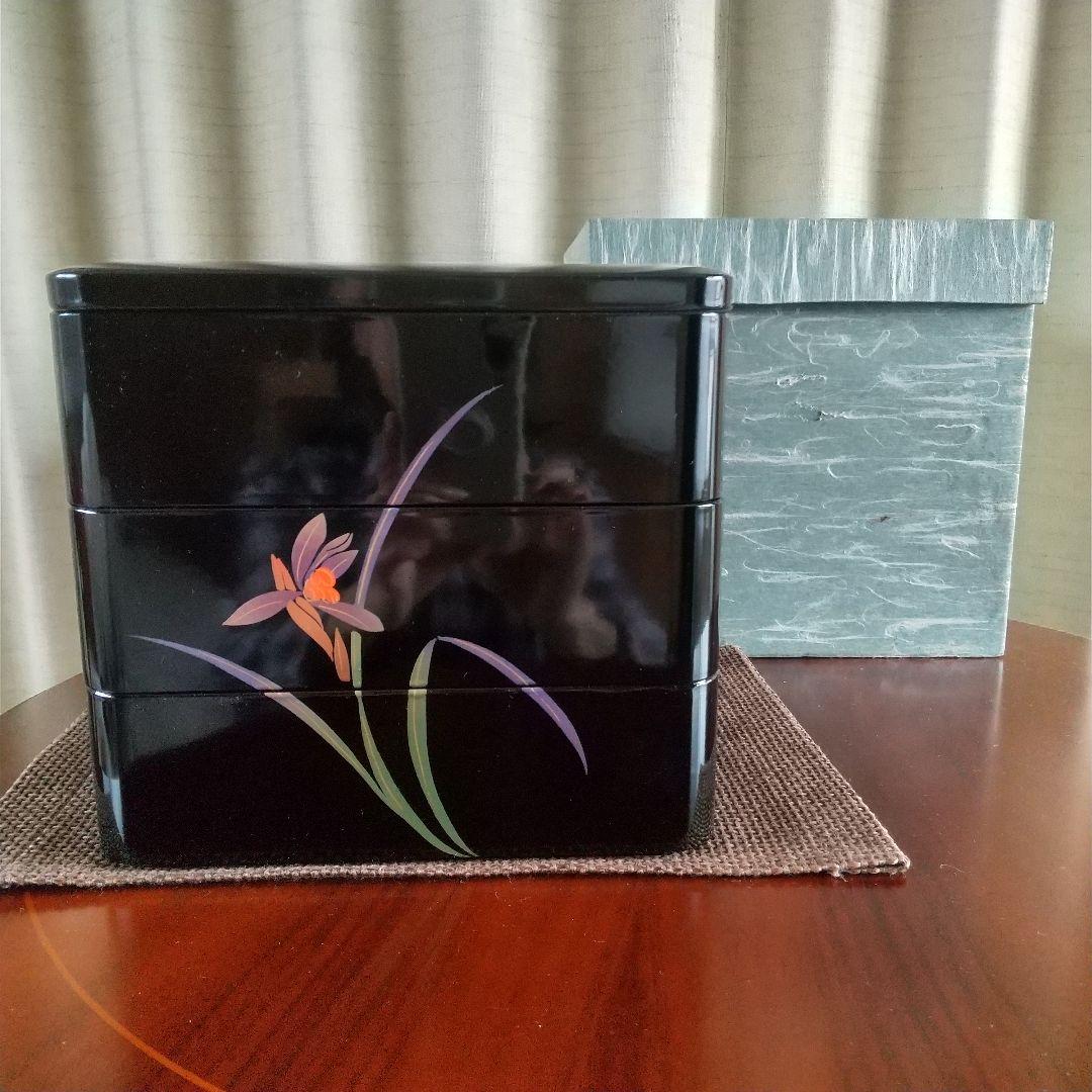 新品　会津塗　重箱 6.5寸 三段重　黒　春蘭