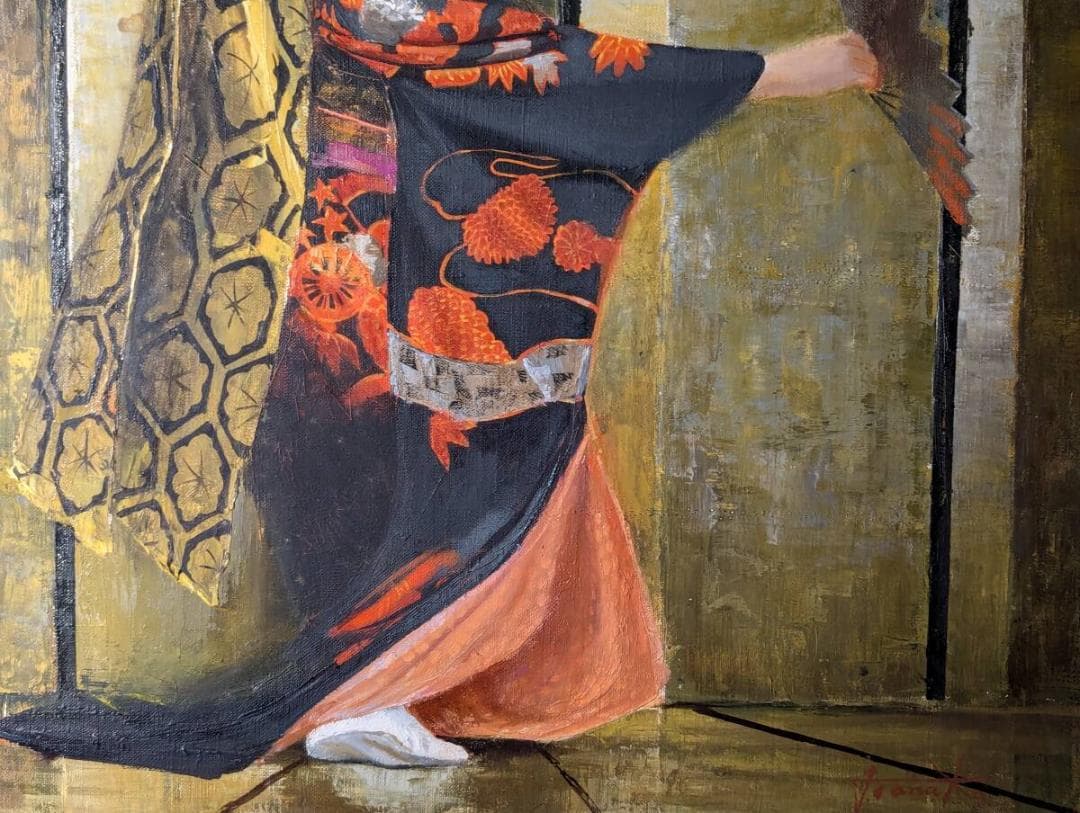 【真作】絵画　油彩12号　優雅な舞姿　着物美人　日本の伝統美　和の情景　V111