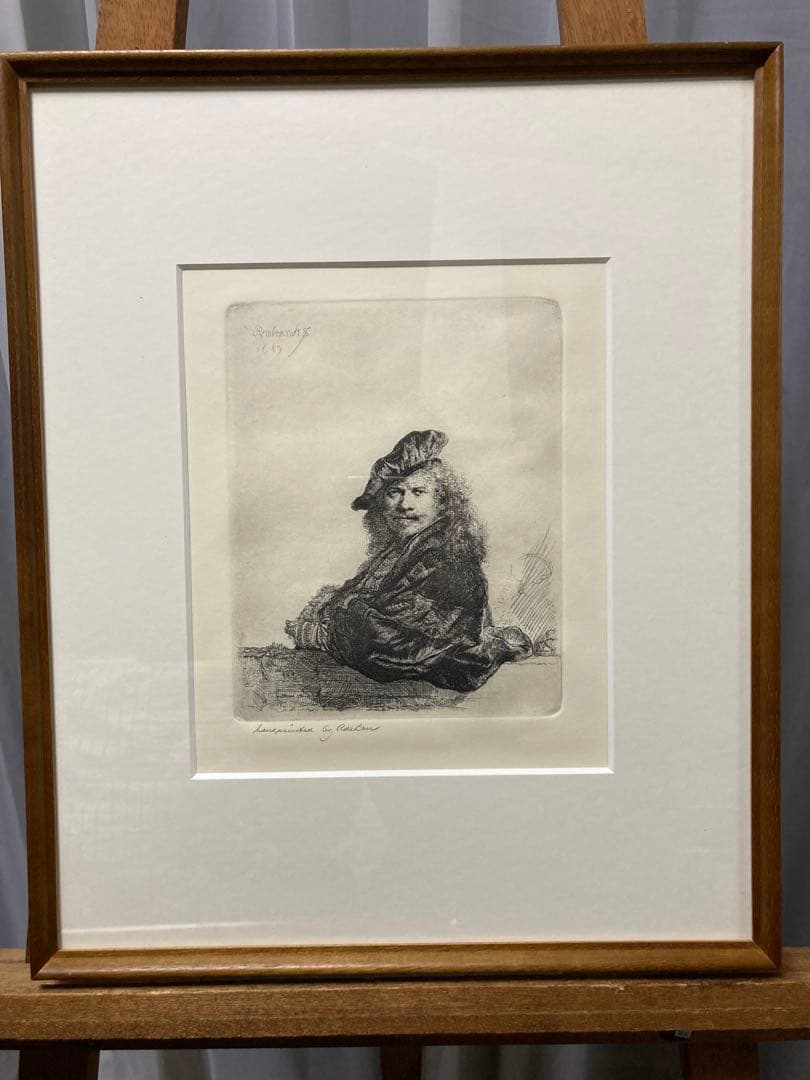 銅版画・エッチング【レンブラト】 「石の手すりに寄りかかる自画像」刷り師サイン