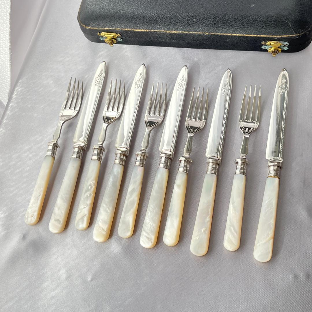 【英国 】【白蝶貝 / 純銀継手】ビクトリアン デザートセット10本 1921年