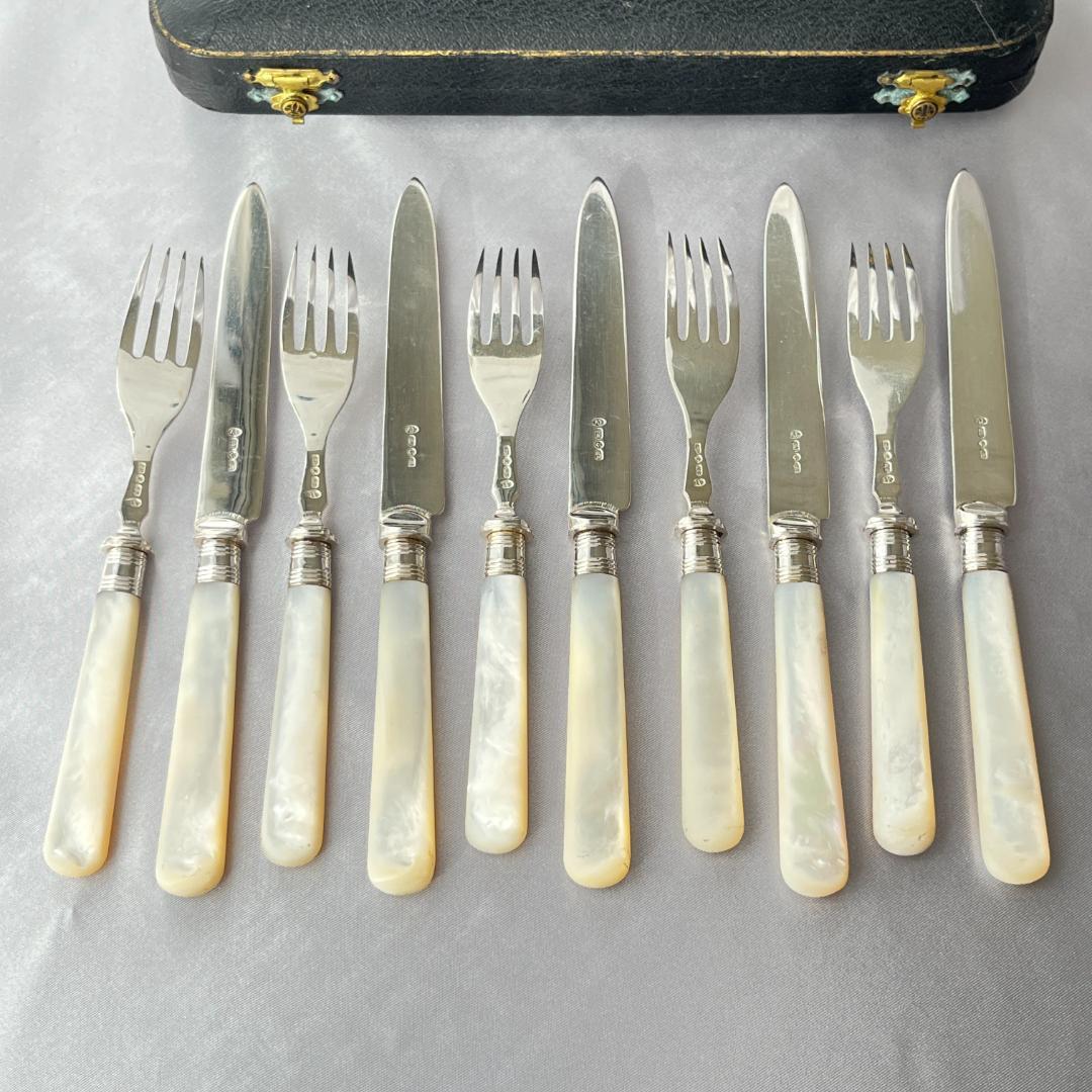 【英国 】【白蝶貝 / 純銀継手】ビクトリアン デザートセット10本 1921年