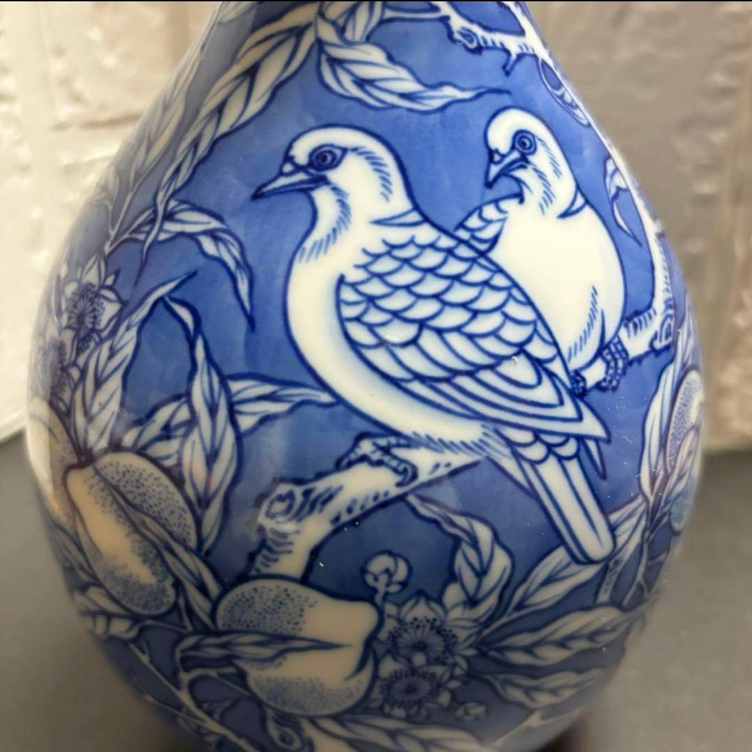 辻常陸 花瓶 染付け 宮内庁御用達 桃 鳩 瓢箪