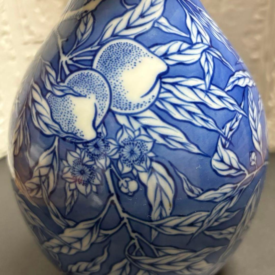 辻常陸 花瓶 染付け 宮内庁御用達 桃 鳩 瓢箪