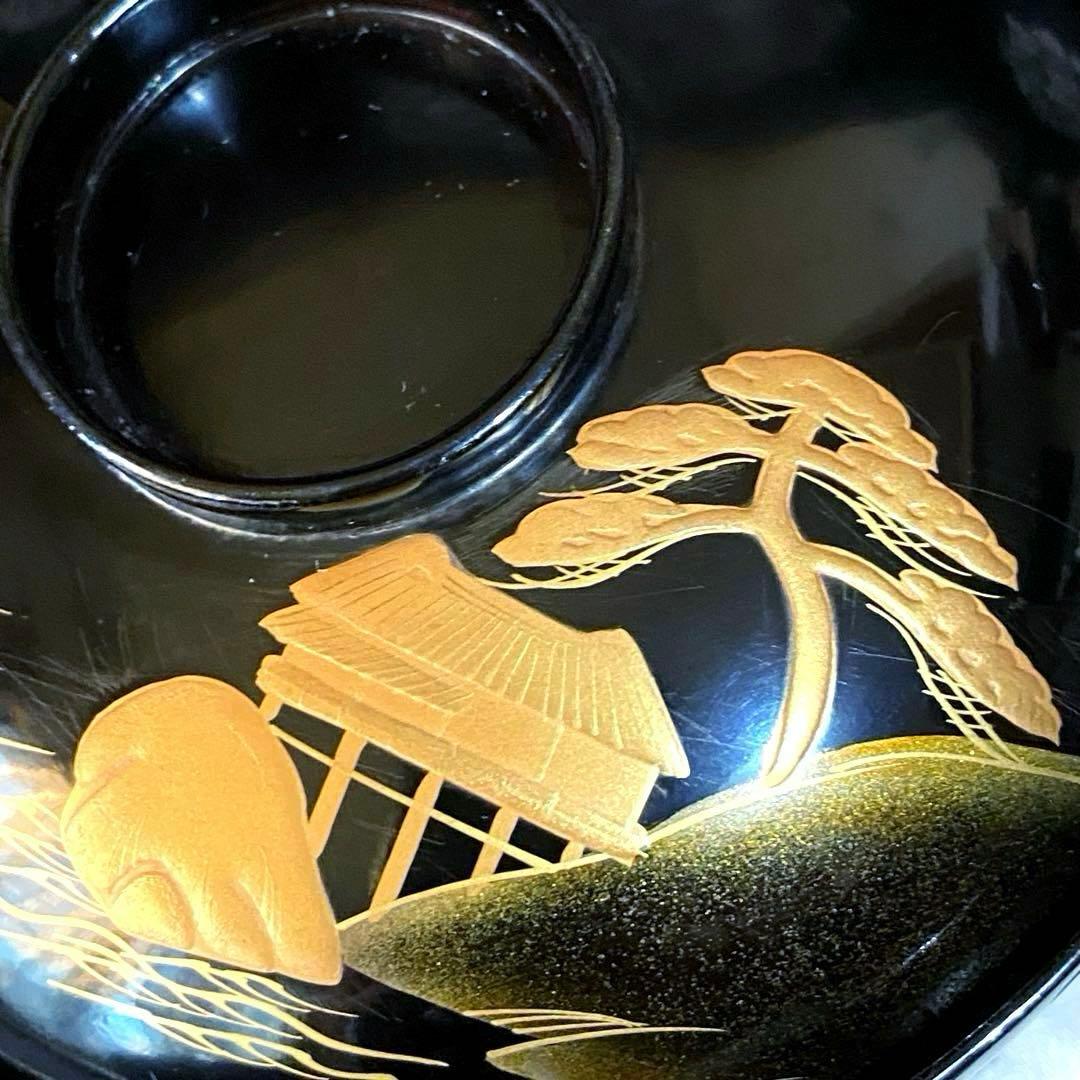 大正時代物・骨董　天然木製黒色漆器椀　金蒔絵・風景画に松葉　菓子椀・雑煮椀　三客