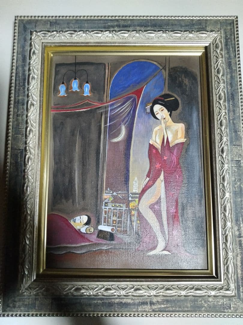 斎藤真一、絵画、油彩4F.蚊帳の月、肉筆、新品額縁、宮永岳彦、鴨居玲、山下清。