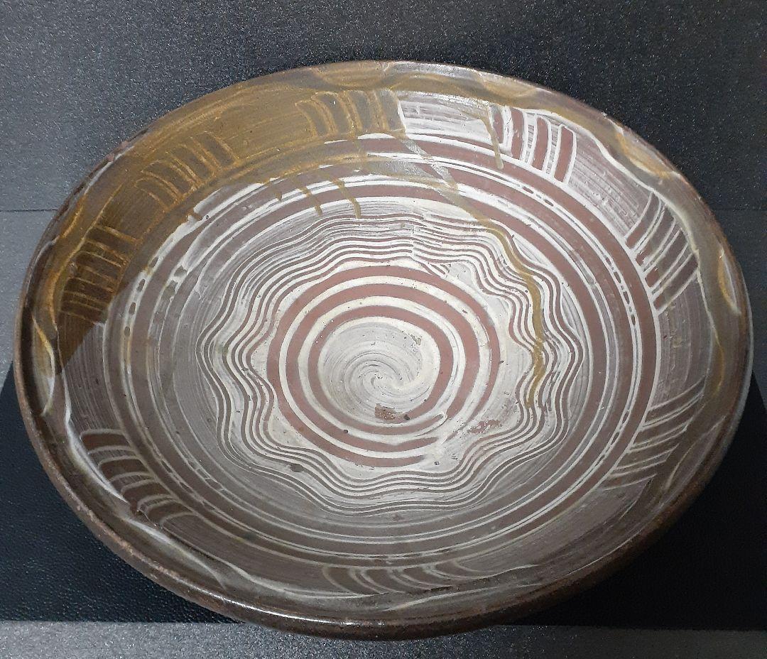 明治時代頃　時代九州民芸陶器　肥前弓野焼武雄古唐津系　三彩櫛目文　刷毛目　大鉢