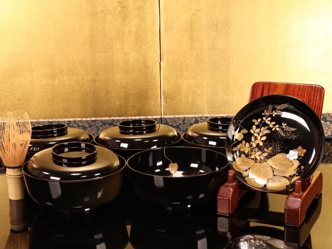 BK427　時代輪島塗　秋乃図金蒔絵　吸物椀　五客　木製　茶 懐石 菓子　螺鈿