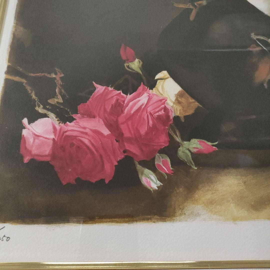 斎藤三郎　大判リトグラフ『薔薇』直筆サイン入、ウコン布&共箱付